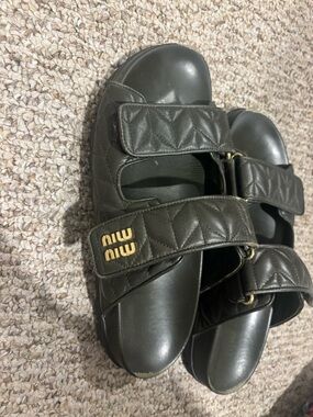MIU MIU Quilted Leather Slip-On Sandals in Olive Green